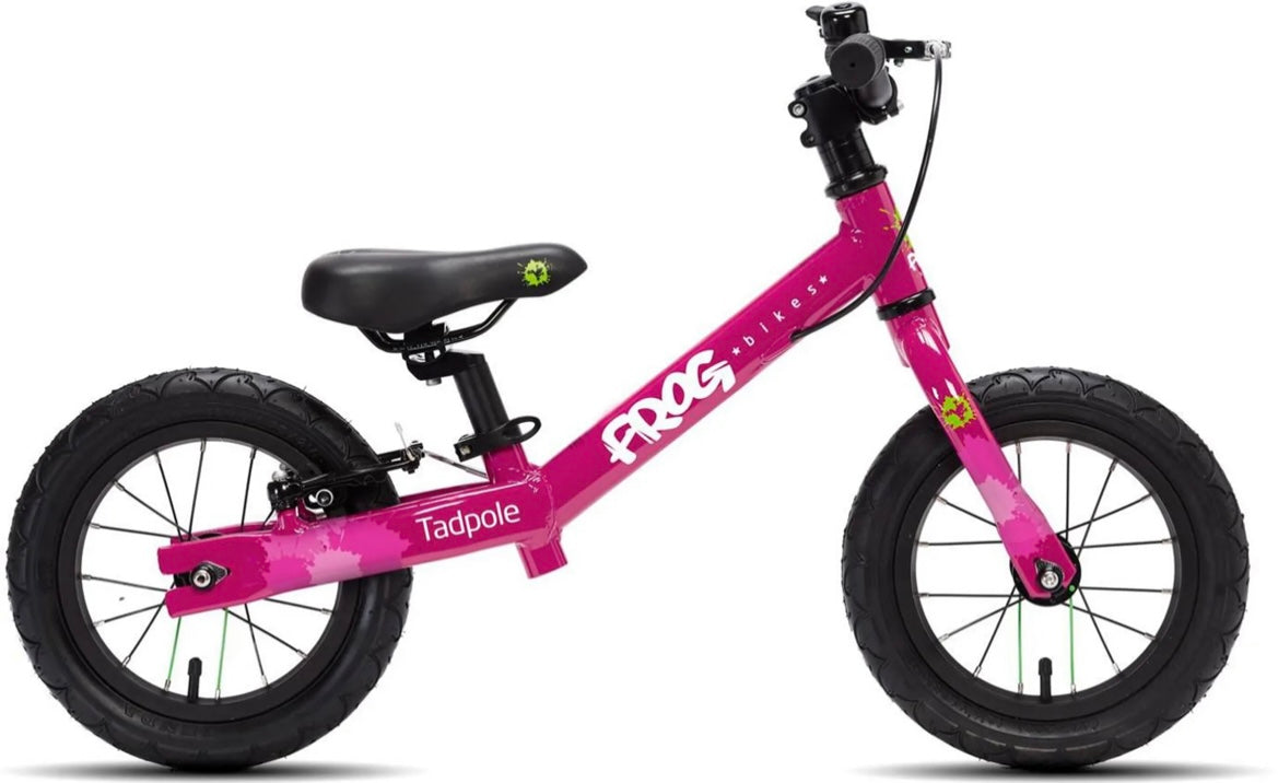 Brand New Frog Tadpole Balance Bike available in red, green, orange, pink, blue and white/spotty. 12” wheels, rear V brake, very lightweight aluminium frame, padded seat, nationwide delivery is available.