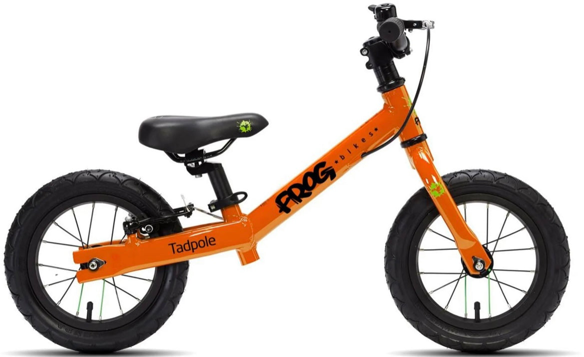 Brand New Frog Tadpole Balance Bike available in red, green, orange, pink, blue and white/spotty. 12” wheels, rear V brake, very lightweight aluminium frame, padded seat, nationwide delivery is available.