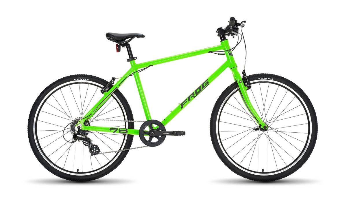 Brand New Frog Bikes Frog 78 For Sale, available in Black, Green and Red. 26” wheels, 8 speed, V brakes, very lightweight aluminium frame and forks, nationwide delivery is available.