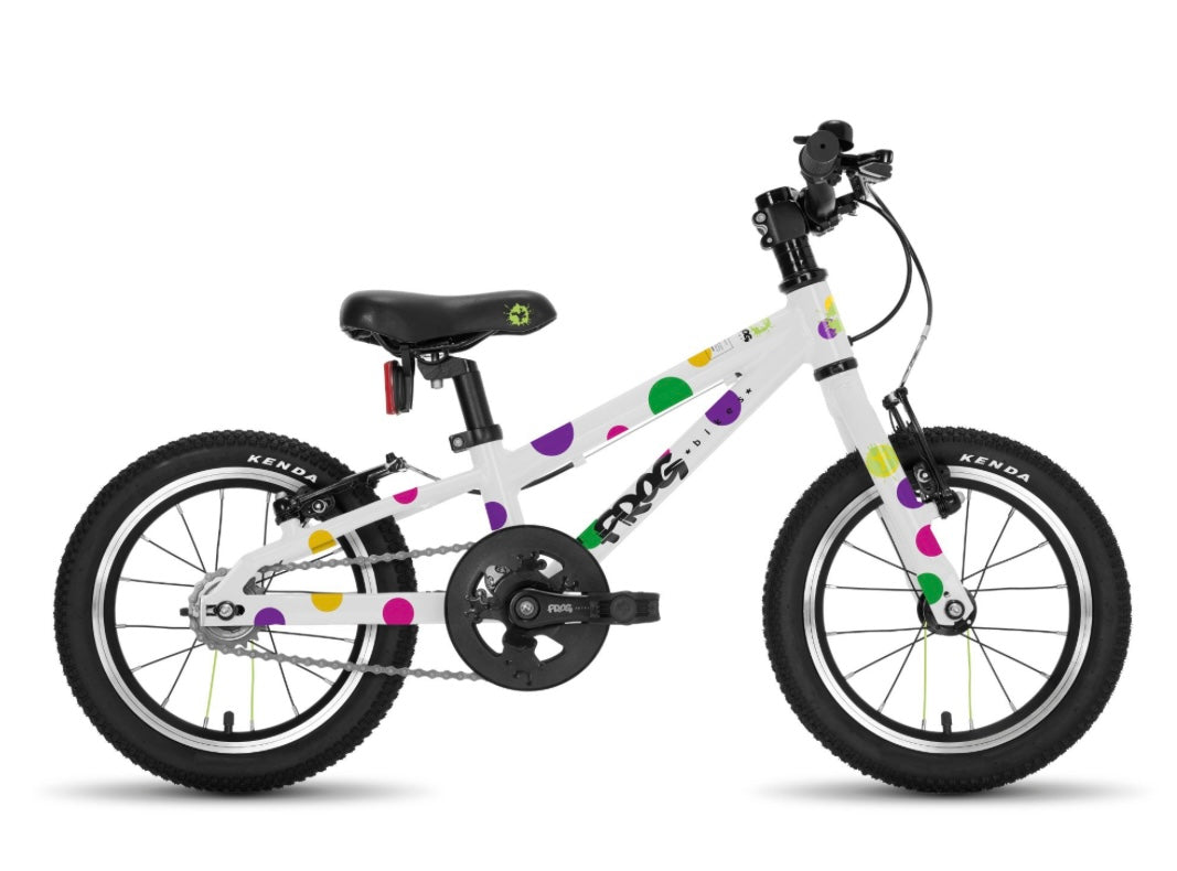 Brand New Frog Bike For Sale, White / Spotty Frog 38 First Pedal Bike, 14” wheels, V brakes, very lightweight, nationwide delivery is available.