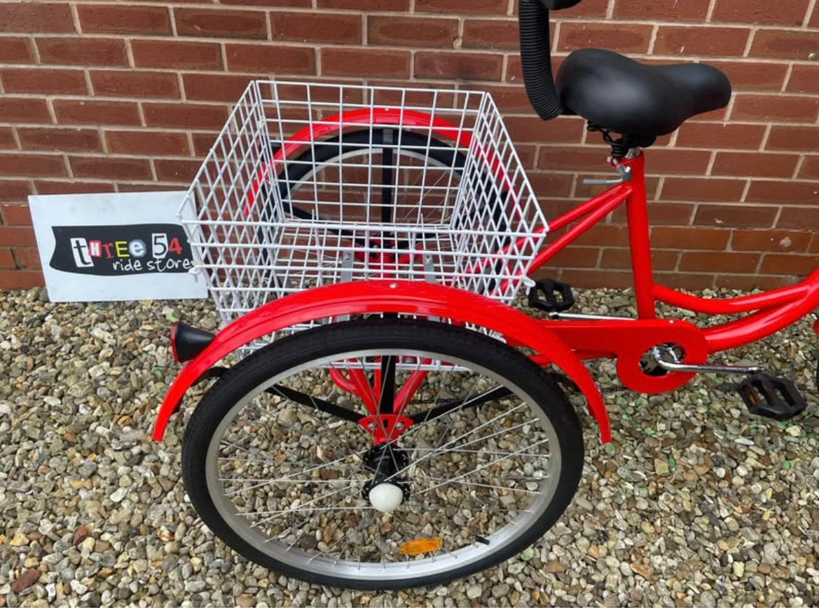Brand New 24” Adult Tricycle For Sale, Red, 24” wheels, 7 speed, front and rear brakes, big comfortable seat with back rest, large shopping basket, nationwide delivery is possible.