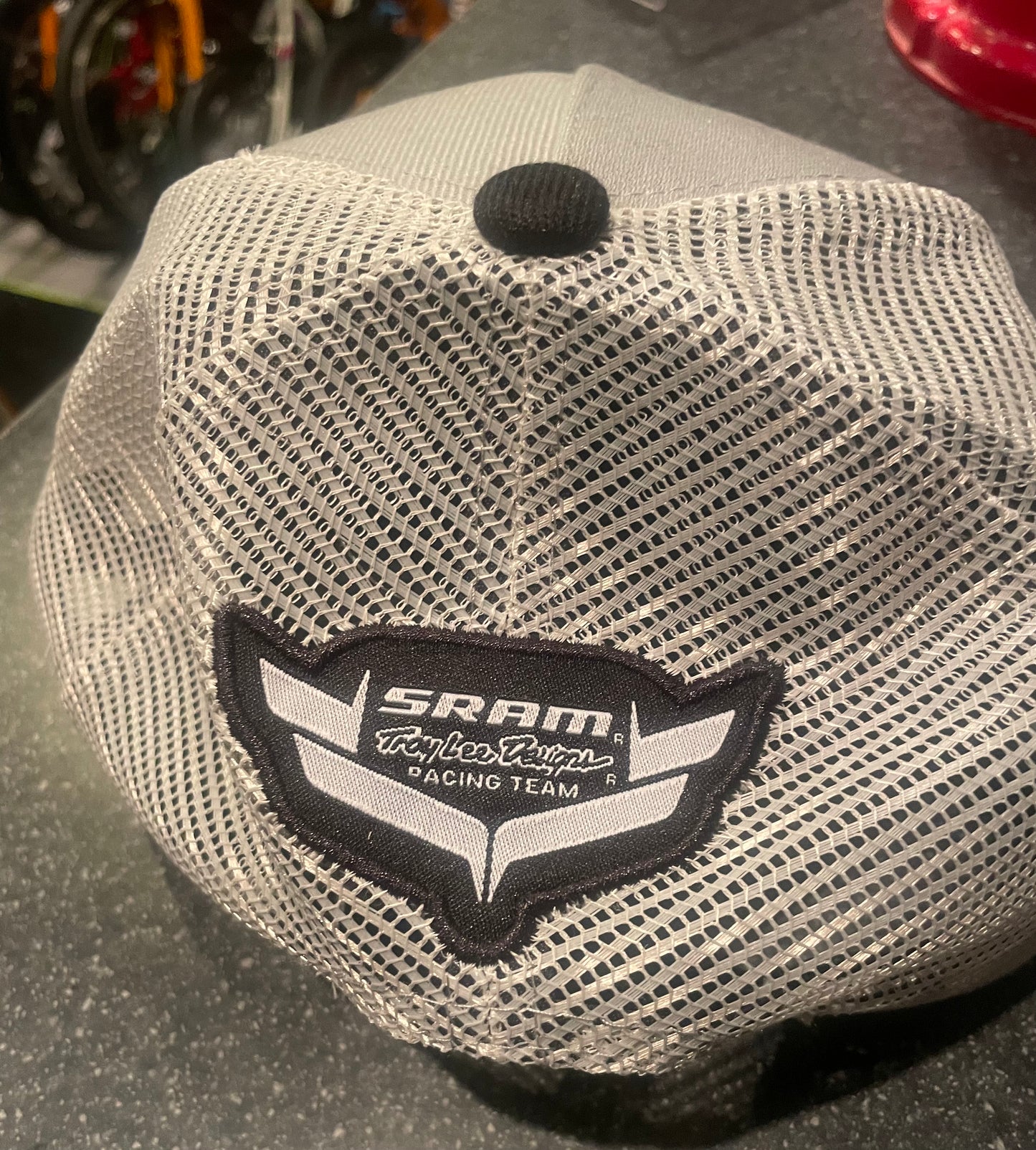 Troy Lee Designs SRAM New Era mesh trucker hat, snap back, black and black / grey.