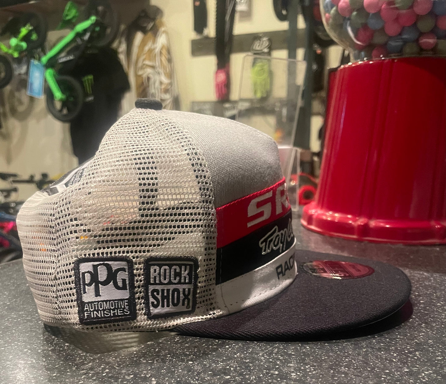 Troy Lee Designs SRAM New Era mesh trucker hat, snap back, black and black / grey.