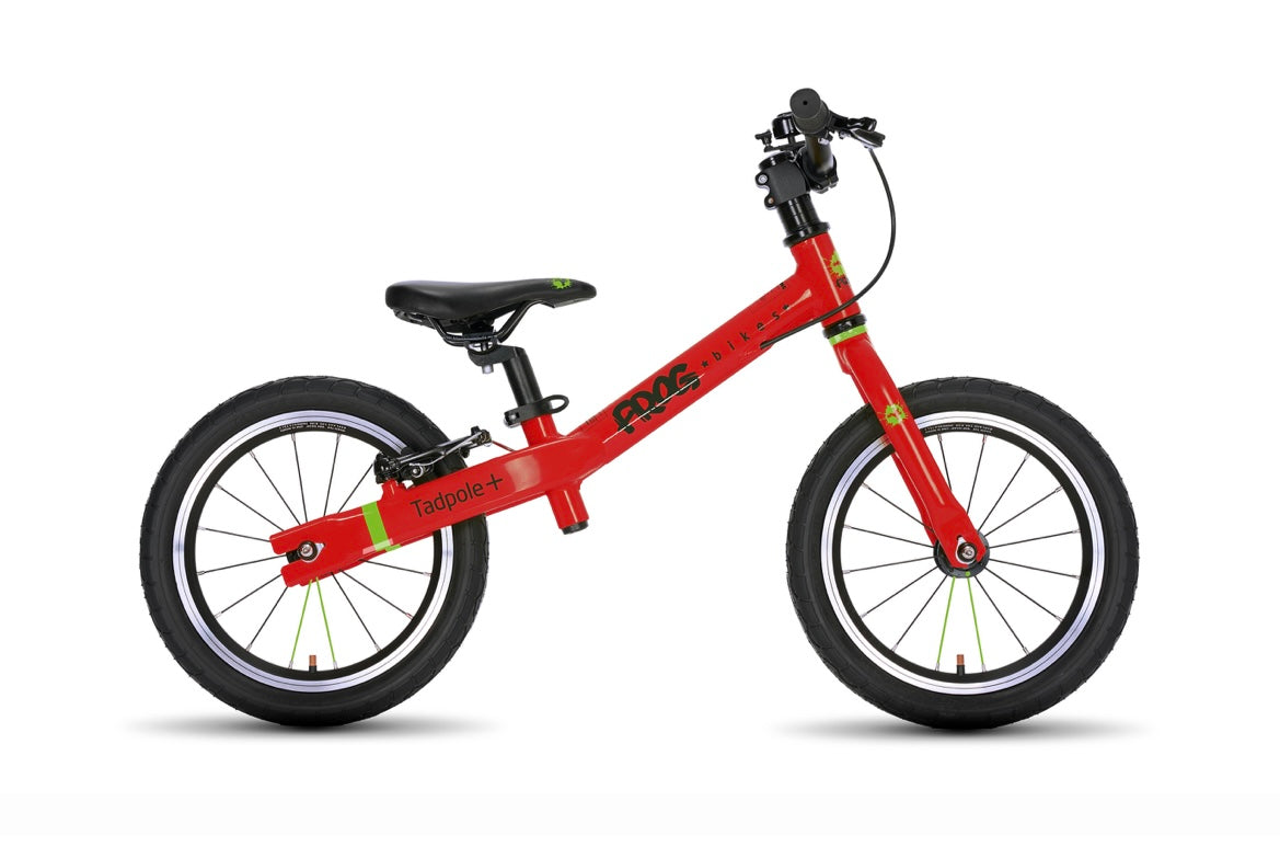 Brand New Frog Tadpole Plus Balance Bike, 14” wheels, Rear V brake, padded seat, very lightweight, available in green, red, blue and pink, nationwide delivery is available.