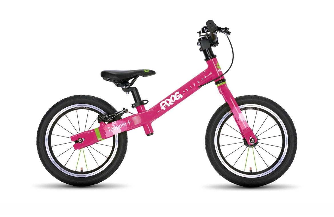 Brand New Frog Tadpole Plus Balance Bike, 14” wheels, Rear V brake, padded seat, very lightweight, available in green, red, blue and pink, nationwide delivery is available.