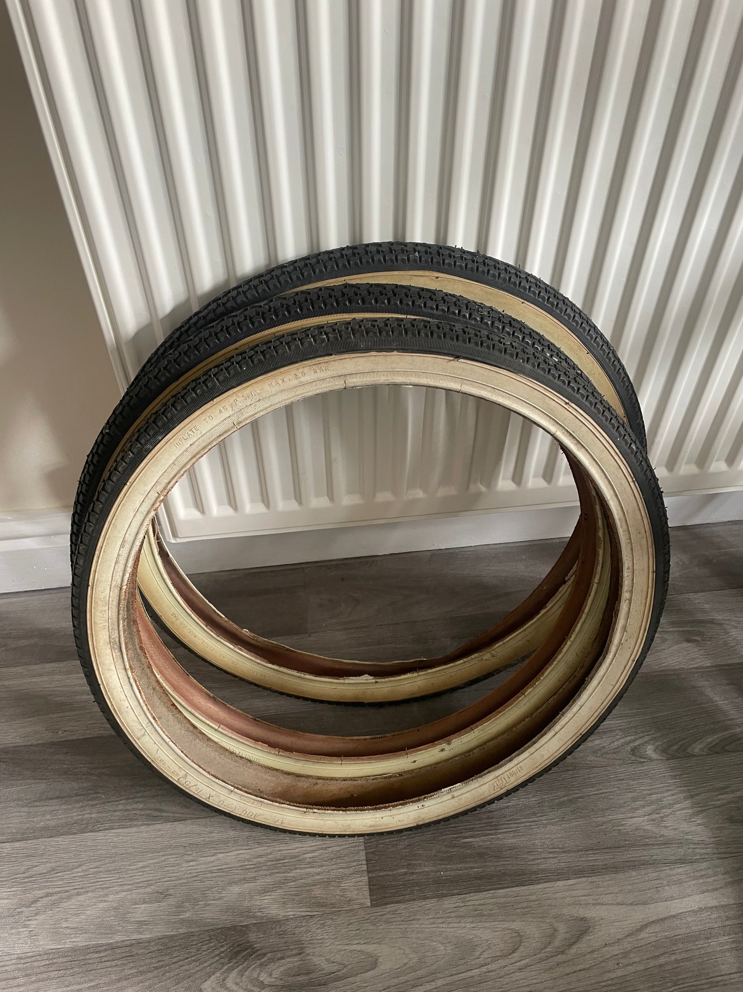 Old School White Wall StreetTrax 20 X 1.75 bicycle tyres, new old stock BMX, chopper Schwinn Stingray etc
