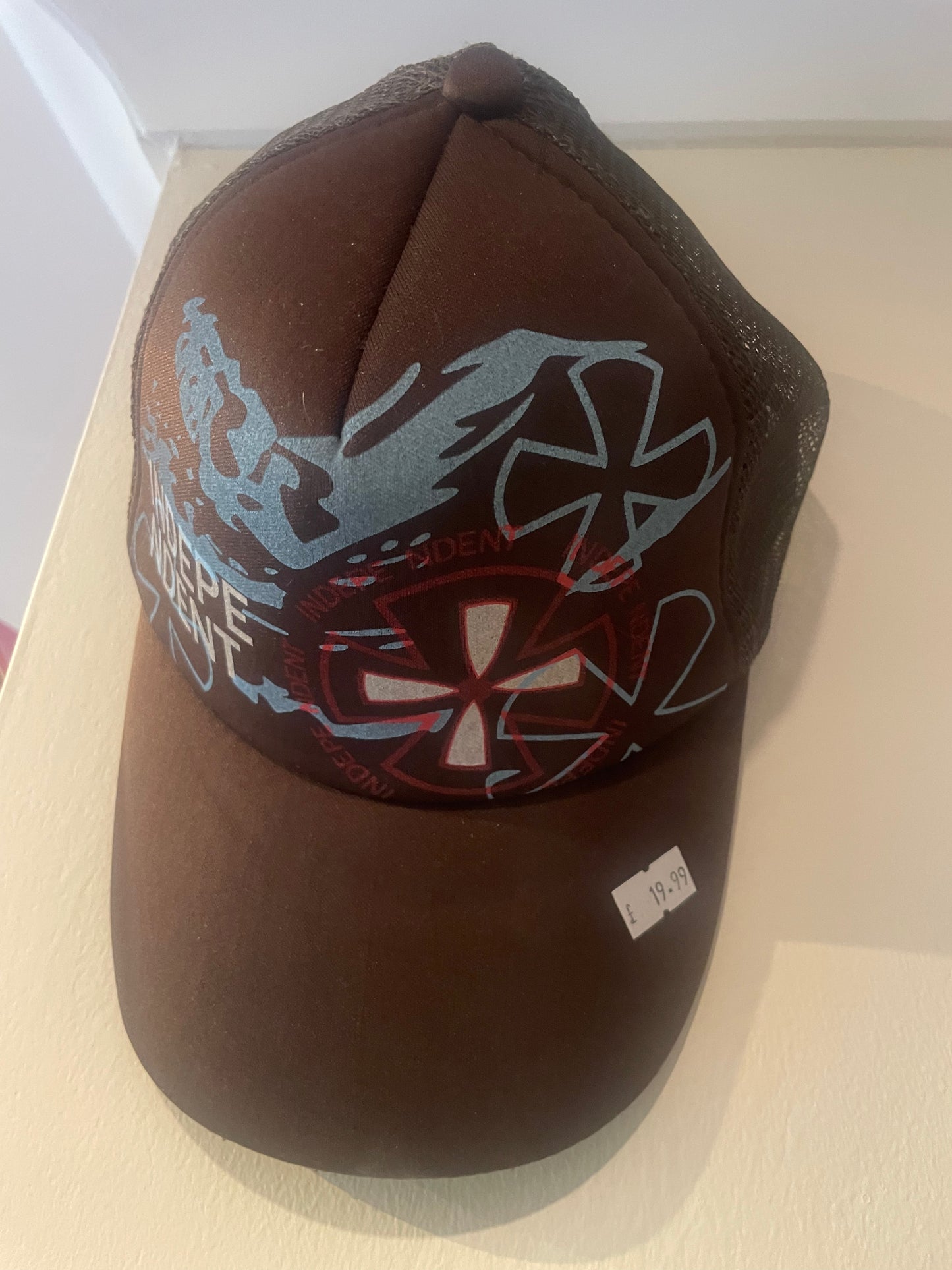 Independent Trucks Skateboard Trucker hat, brown with blue and pink logo, one size fits all.