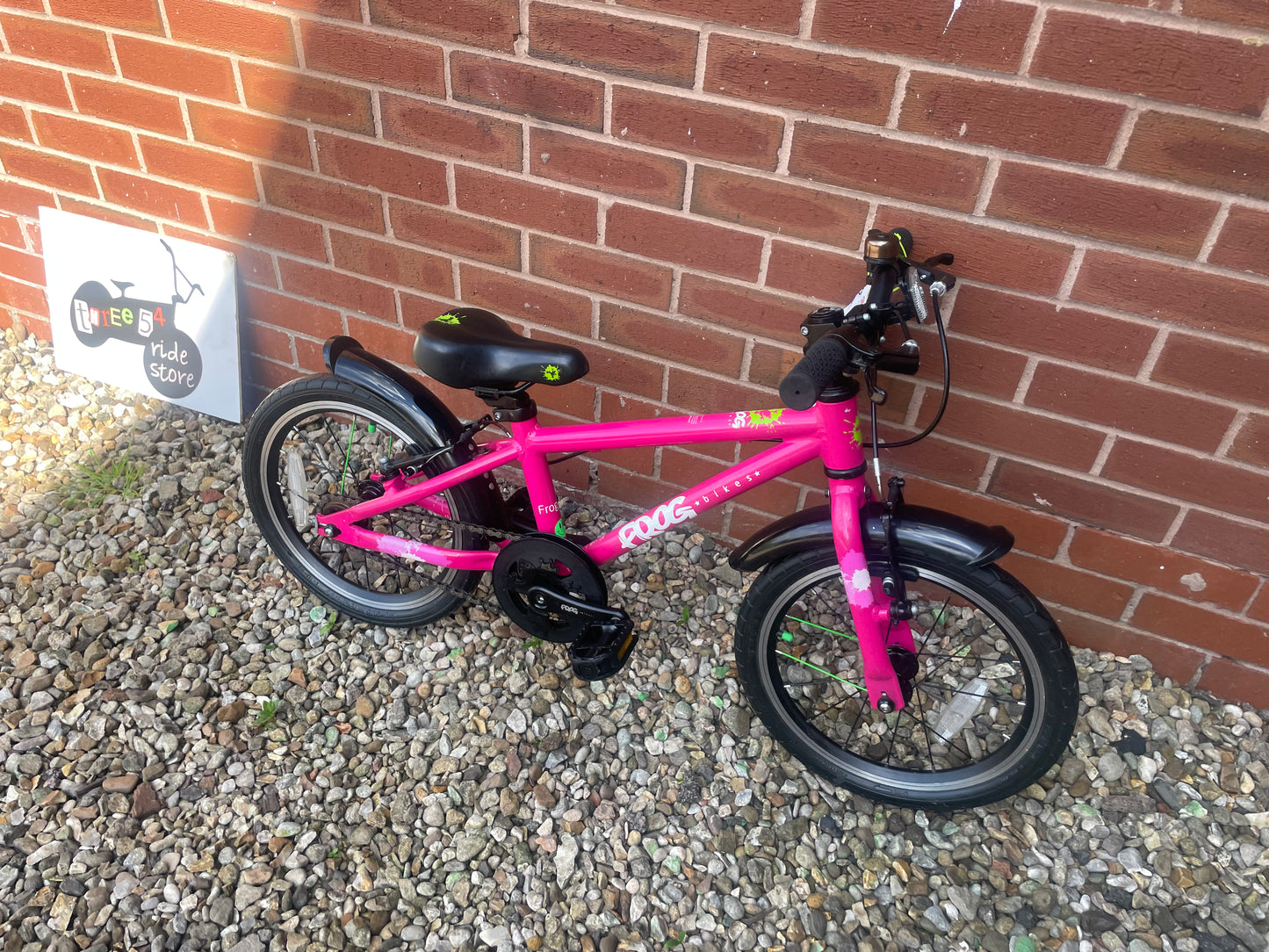 A Pre Loved Frog Bike For Sale, Pink Frog 48 First Pedal Bike, 16” wheels, V brakes, padded seat, very lightweight, 3 month warranty, nationwide delivery.
