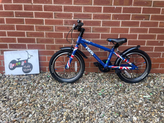 A Used Frog Bike For Sale, blue Union Jack 48, 16” wheels, single speed, V brakes, excellent condition, fully serviced, UK delivery is available.
