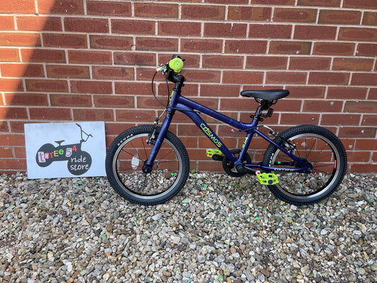 A Used Carrera Cosmos 16” wheel mountain bike for sale, blue and green, very lightweight, V brakes, fully serviced, delivery is available.
