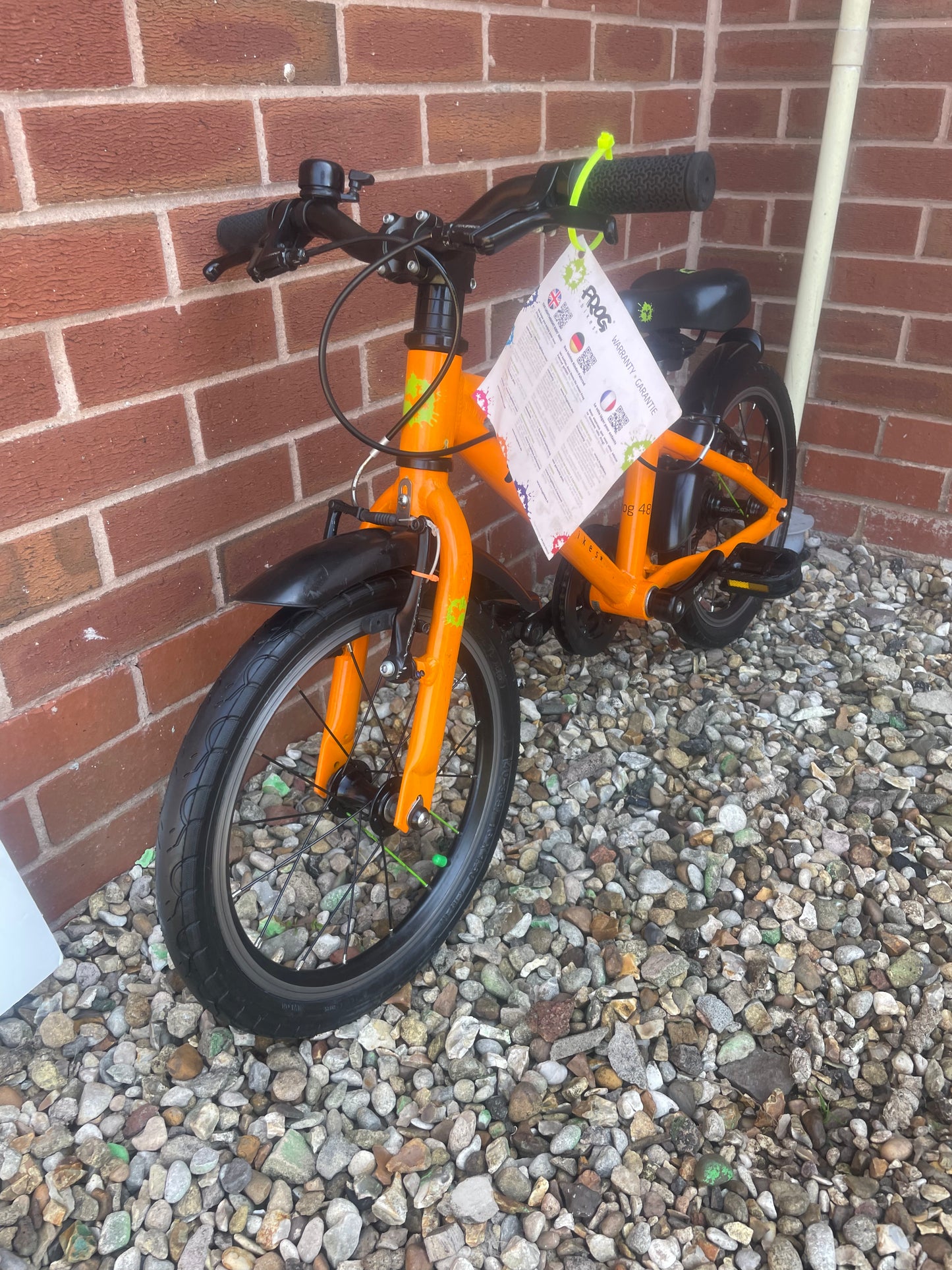 A Pre Loved Frog Bike For Sale, Orange Frog 48 First Pedal Bike, 16” wheels, V brakes, padded seat, very lightweight, 3 months warranty, nationwide delivery is available.
