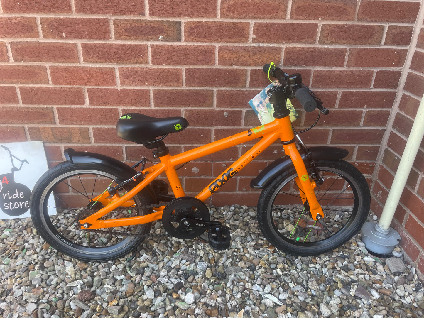 A Pre Loved Frog Bike For Sale, Orange Frog 48 First Pedal Bike, 16” wheels, V brakes, padded seat, very lightweight, 3 months warranty, nationwide delivery is available.