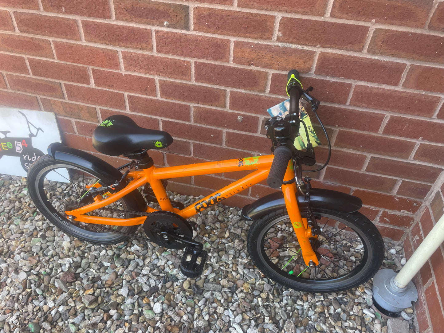 A Pre Loved Frog Bike For Sale, Orange Frog 48 First Pedal Bike, 16” wheels, V brakes, padded seat, very lightweight, 3 months warranty, nationwide delivery is available.