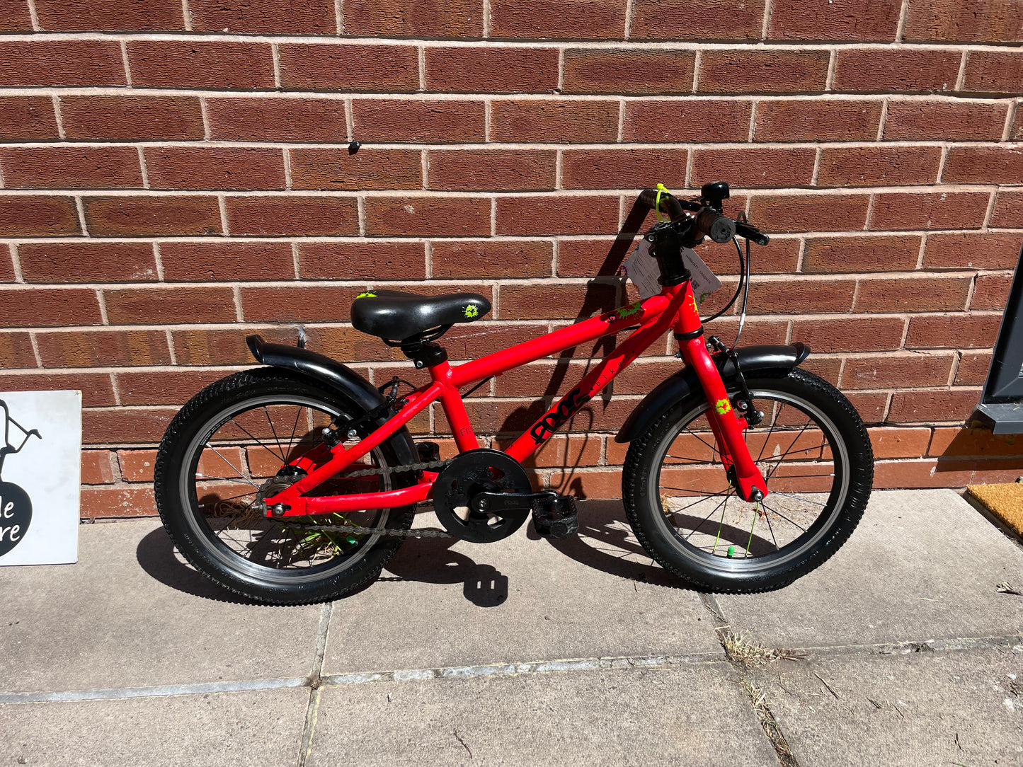 A Pre Loved Frog Bike For Sale, Red Frog 48 first pedal bike, 16” wheels, V brakes, mudguards, very lightweight, 3 months warranty, nationwide delivery is available.