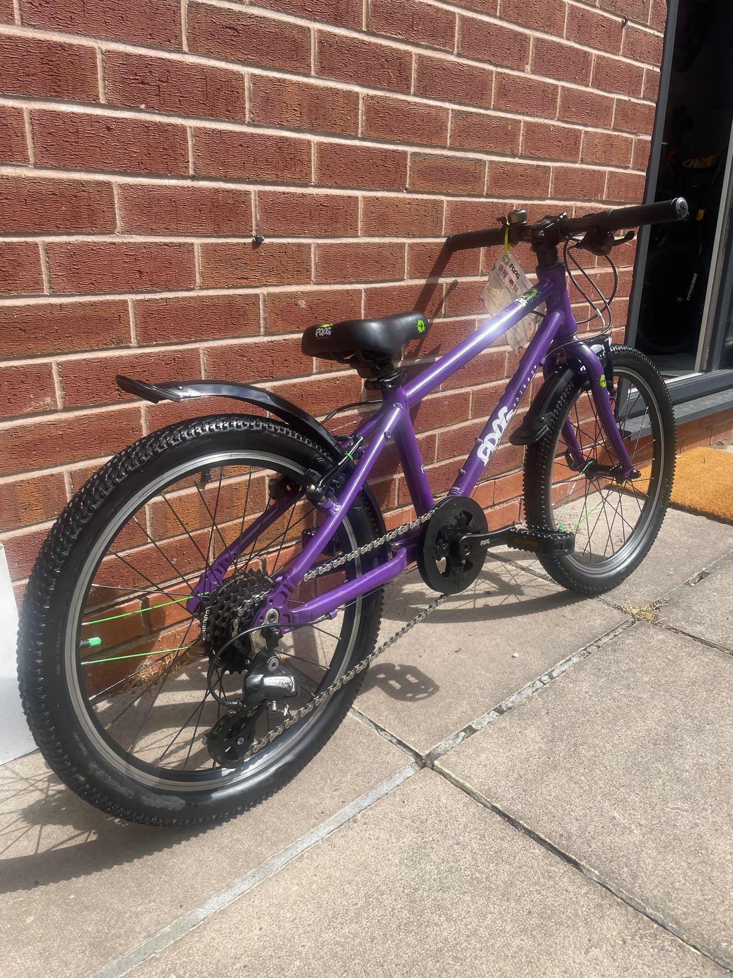 A Pre Loved Frog Bike For Sale, Purple Frog 55, 20” wheel hybrid bicycle, 8 gears, V brakes, brand new seat, mudguards, 3 months warranty, nationwide delivery is available.