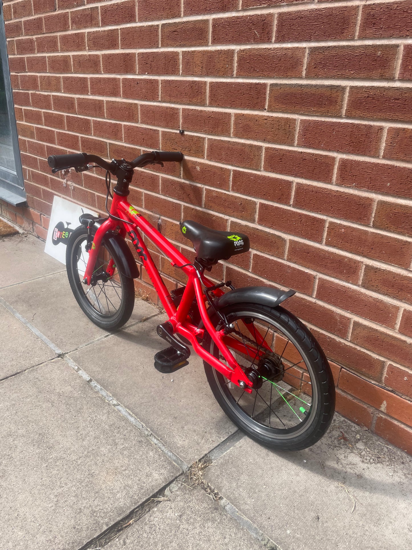 A Pre Loved Frog Bike For Sale, Red Frog 48 First Pedal Bike, 16” wheels, V brakes, padded seat, very lightweight, 3 months warranty, nationwide delivery.