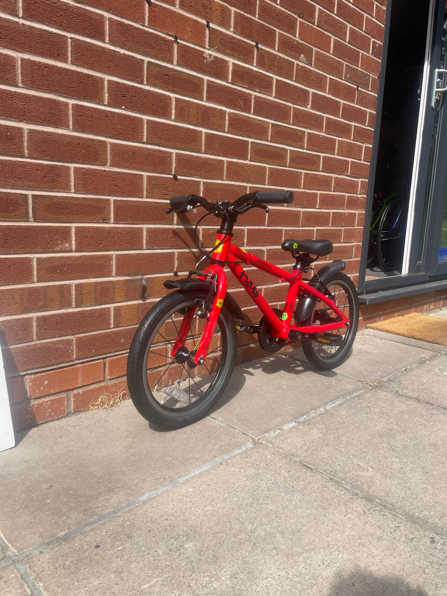 A Pre Loved Frog Bike For Sale, Red Frog 48 First Pedal Bike, 16” wheels, V brakes, padded seat, very lightweight, 3 months warranty, nationwide delivery.