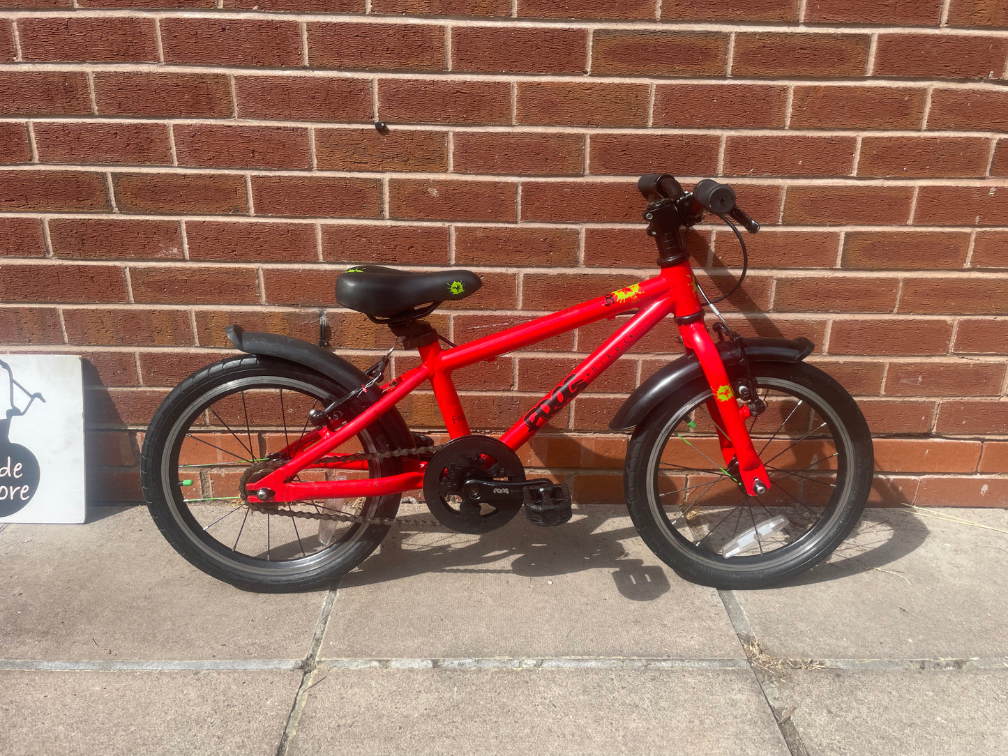 A Pre Loved Frog Bike For Sale, Red Frog 48 First Pedal Bike, 16” wheels, V brakes, padded seat, very lightweight, 3 months warranty, nationwide delivery.