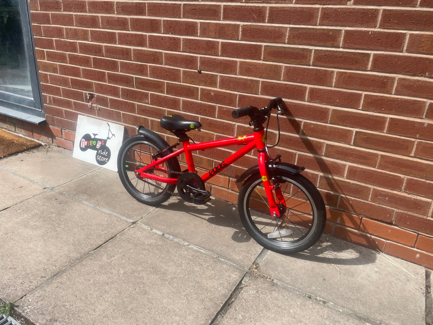 A Pre Loved Frog Bike For Sale, Red Frog 48 First Pedal Bike, 16” wheels, V brakes, padded seat, very lightweight, 3 months warranty, nationwide delivery.