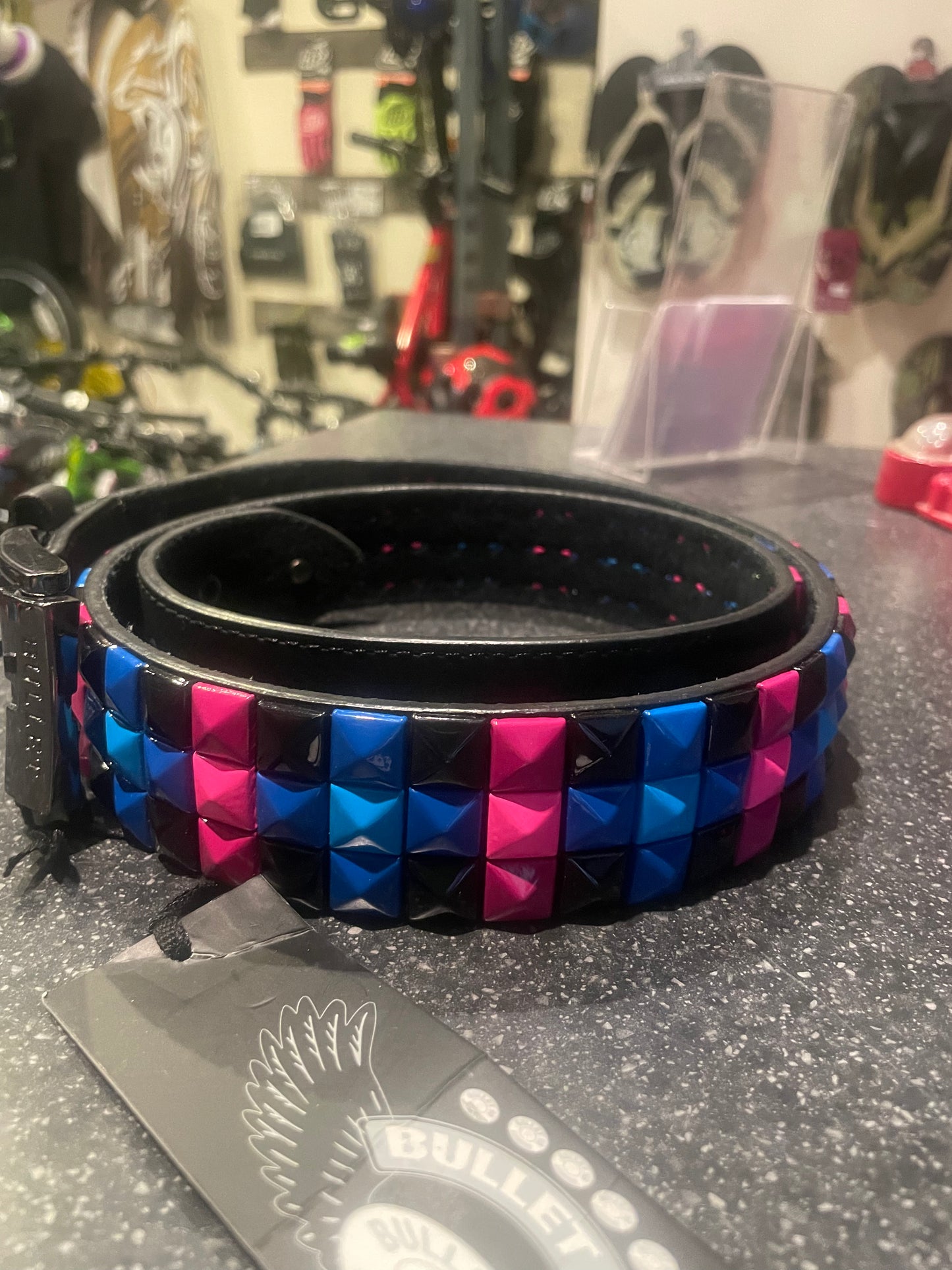 Bullet 69 studded belt pink blue black punk rock belt BMX Skateboard belt size L (approximately 34 36 38 inch waist)