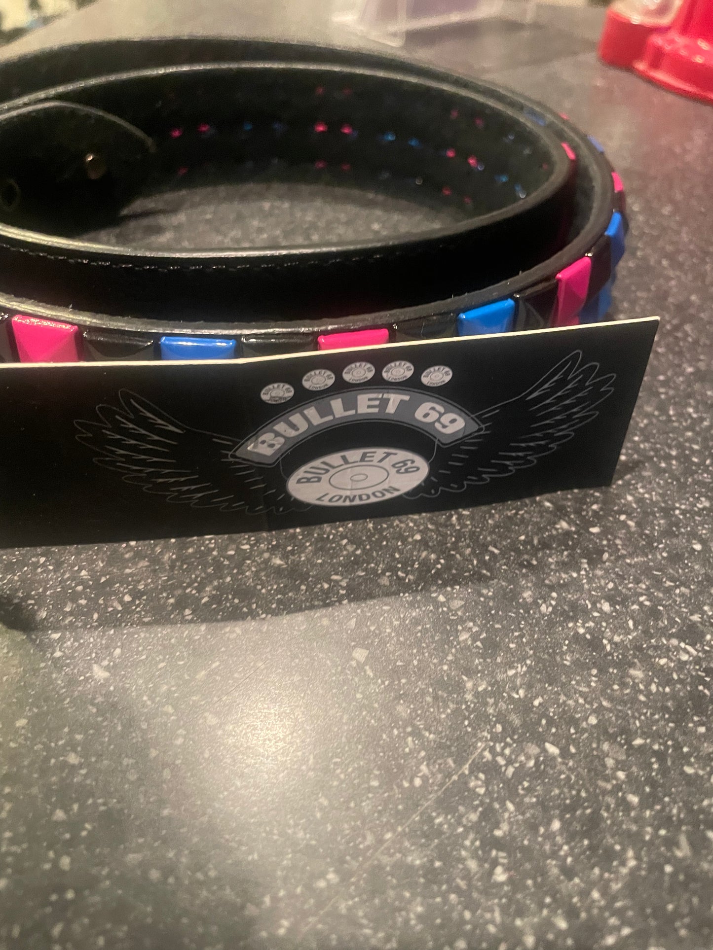 Bullet 69 studded belt pink blue black punk rock belt BMX Skateboard belt size L (approximately 34 36 38 inch waist)