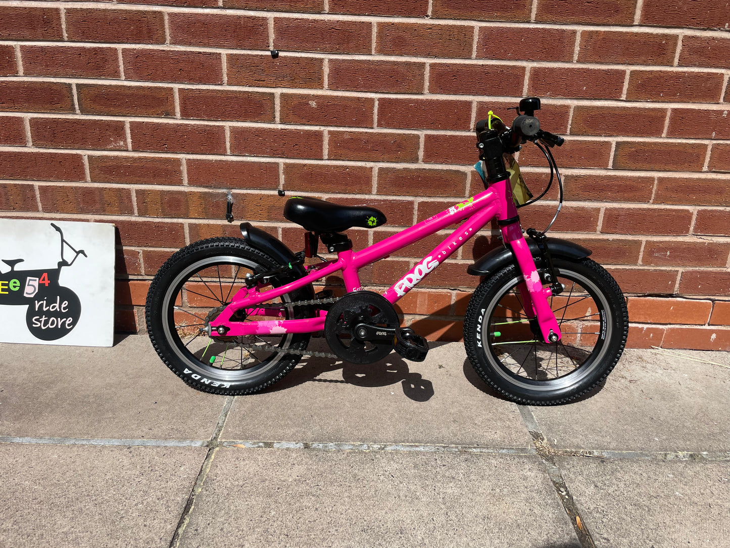 A Pre Loved Frog Bike For Sale, Pink Frog 40 first pedal bike, 14” wheels, V brakes, padded seat, very lightweight, nationwide delivery is available.