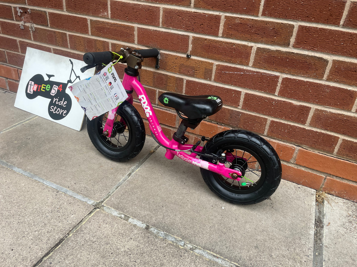 A Pre Loved Frog Bike For Sale, Pink Frog Tadpole Mini balance bike, rear V brake, very lightweight, nationwide delivery is available.