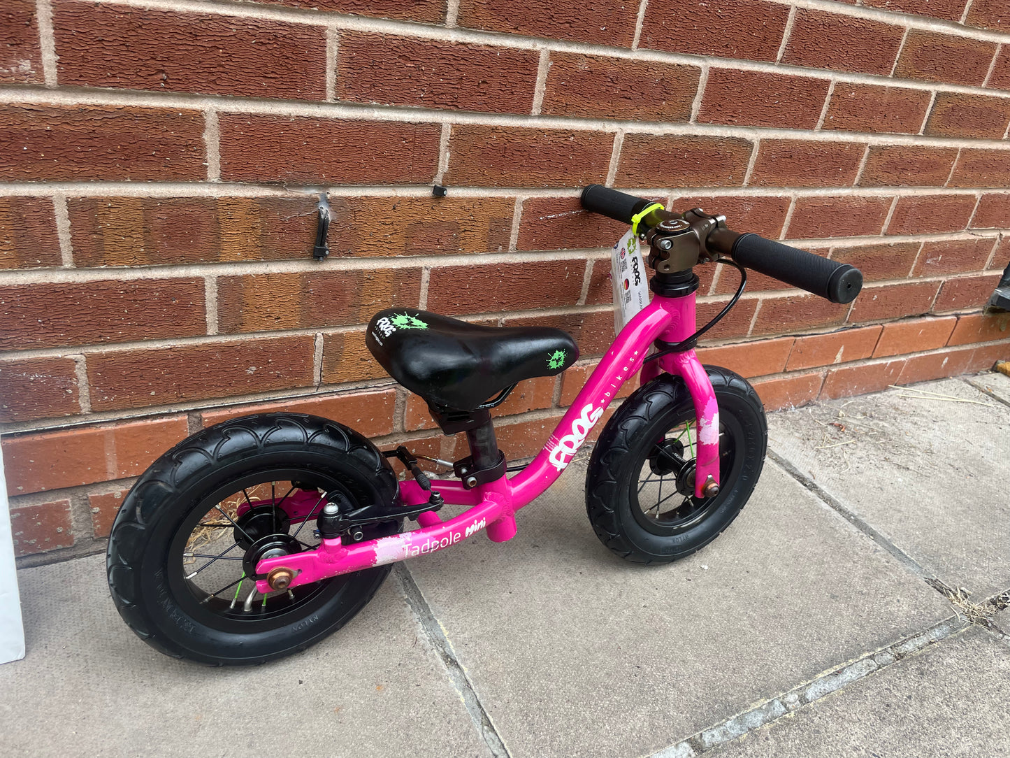 A Pre Loved Frog Bike For Sale, Pink Frog Tadpole Mini balance bike, rear V brake, very lightweight, nationwide delivery is available.