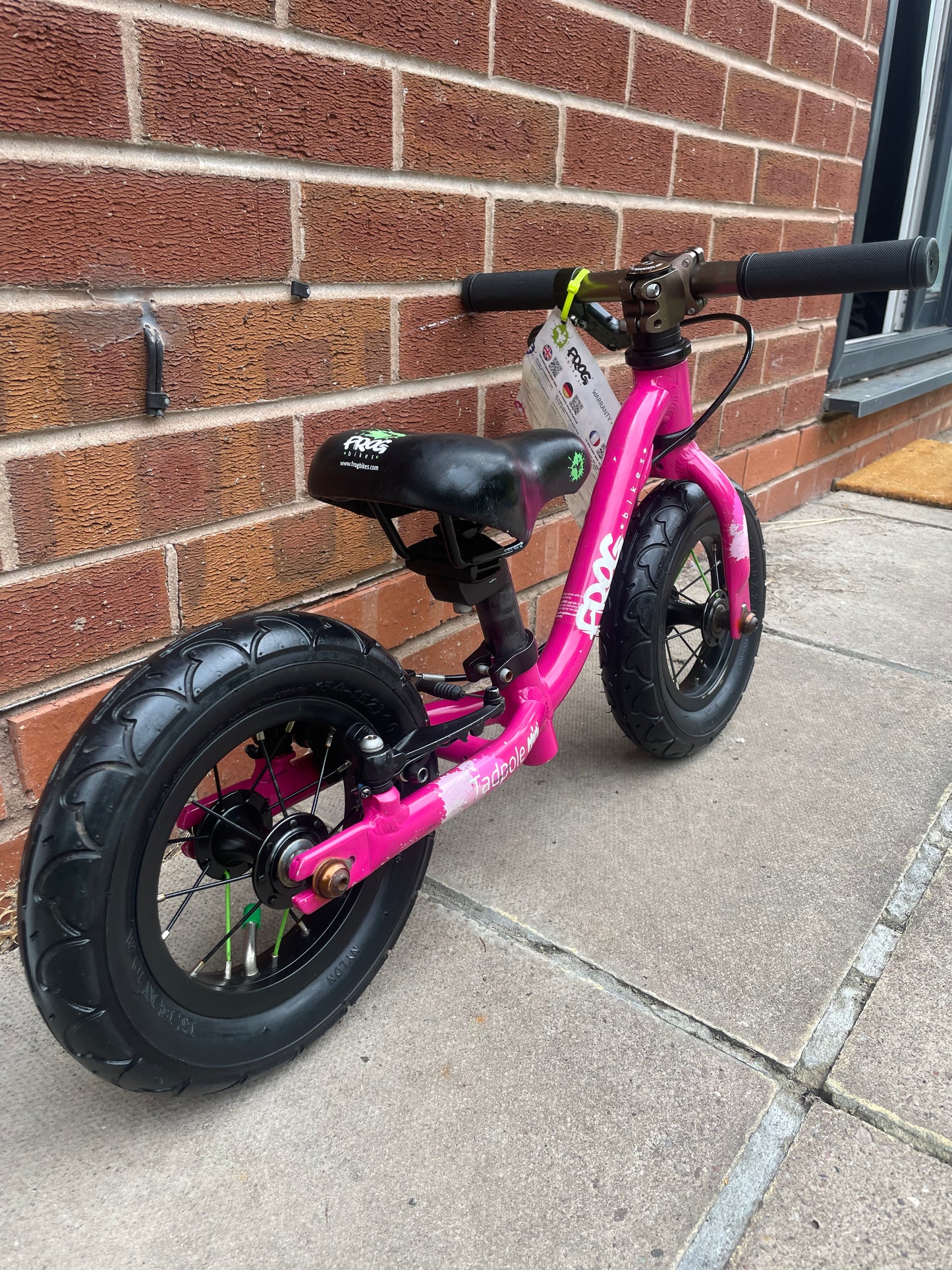 A Pre Loved Frog Bike For Sale, Pink Frog Tadpole Mini balance bike, rear V brake, very lightweight, nationwide delivery is available.