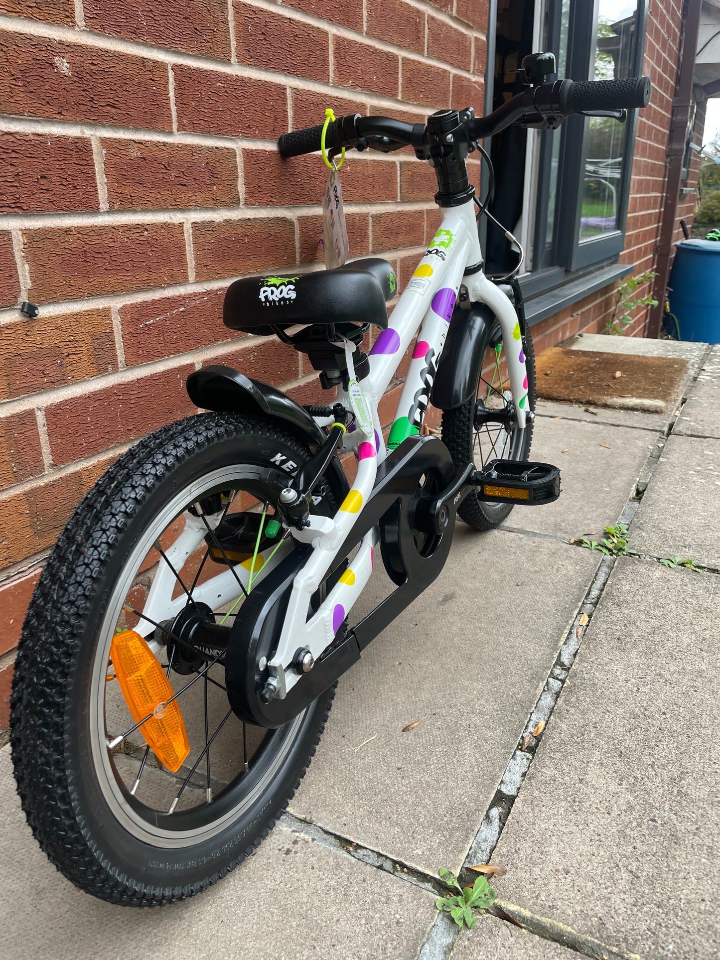 A Pre Loved Frog Bike For Sale, White Spotty Frog 40 first pedal bike, 14” wheels, single speed, padded seat, V brakes, fully enclosed chain, mudguards, nationwide delivery is available.