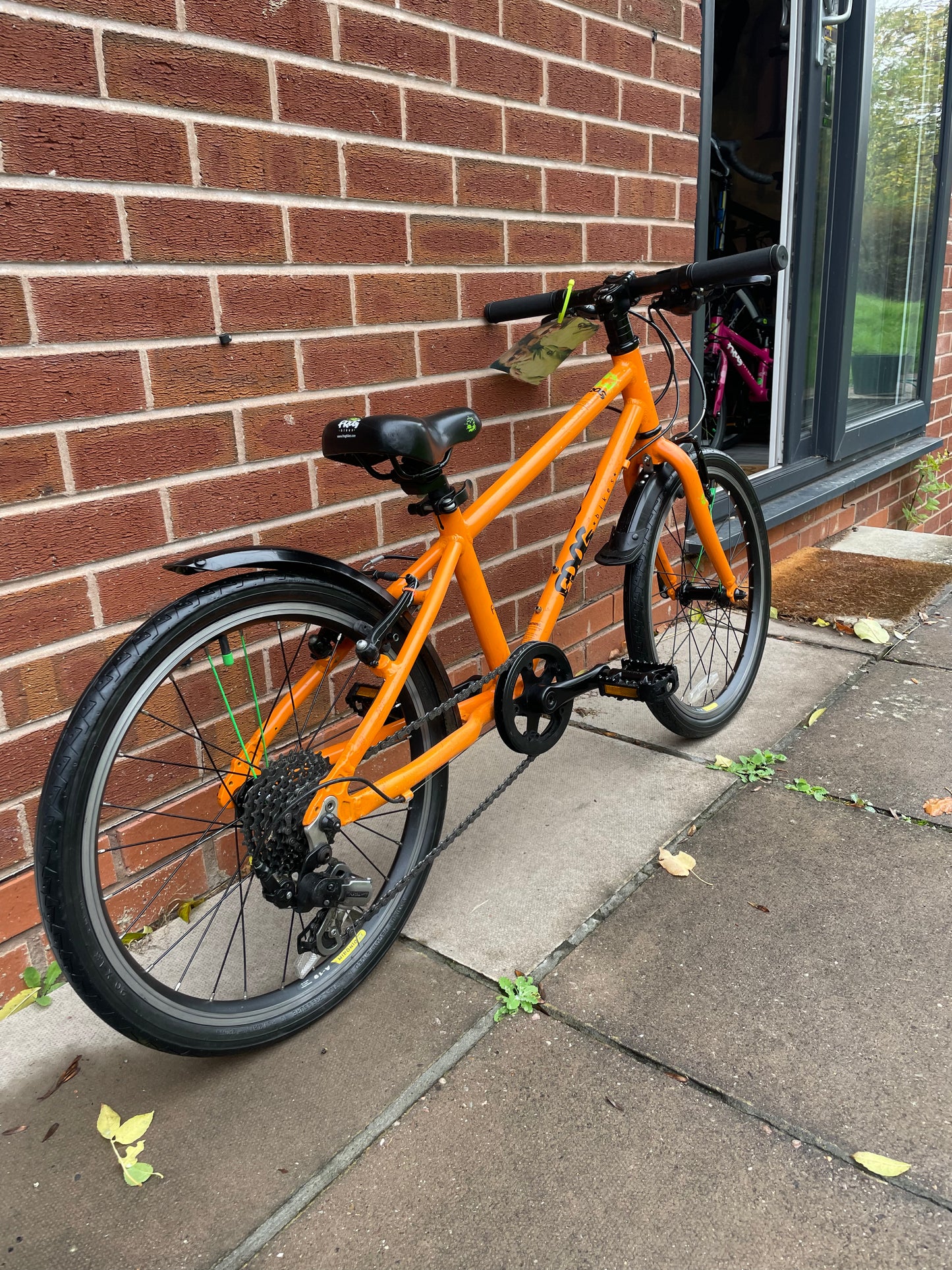 A Pre Loved Frog Bike For Sale, Orange Frog 55, 20β wheels, 8 speed, V brakes, mudguards, very lightweight, nationwide delivery is available.