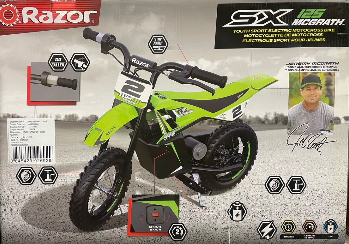 Razor SX 125 Jeremy McGrath 12v electric dirt bike for age 7 years and up, nationwide delivery is available.