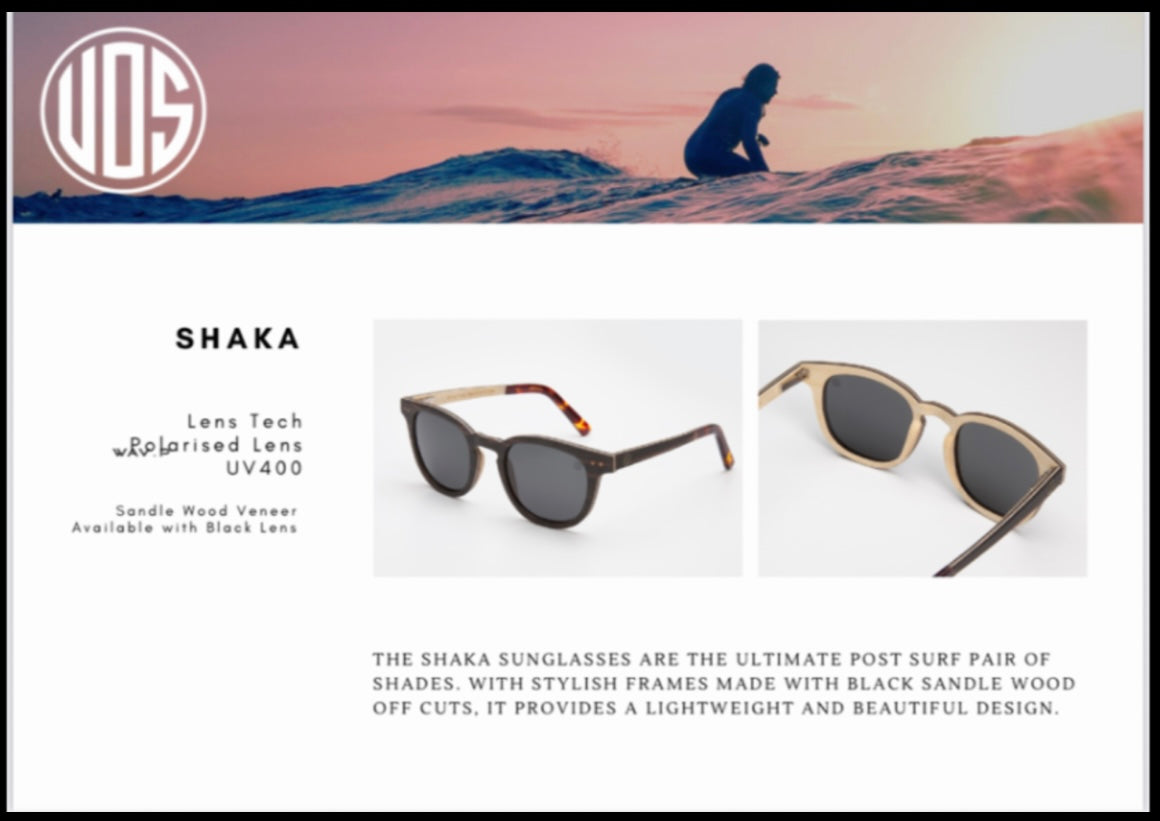 Union of Surf Shaka sunglasses, polarised lens UV400, sandle wood veneer with black lens.