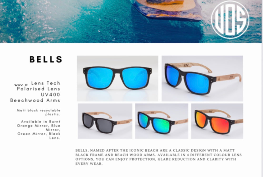 Union of Surf Bells sunglasses, polarised lens UV400, black frame  with beechwood arms.