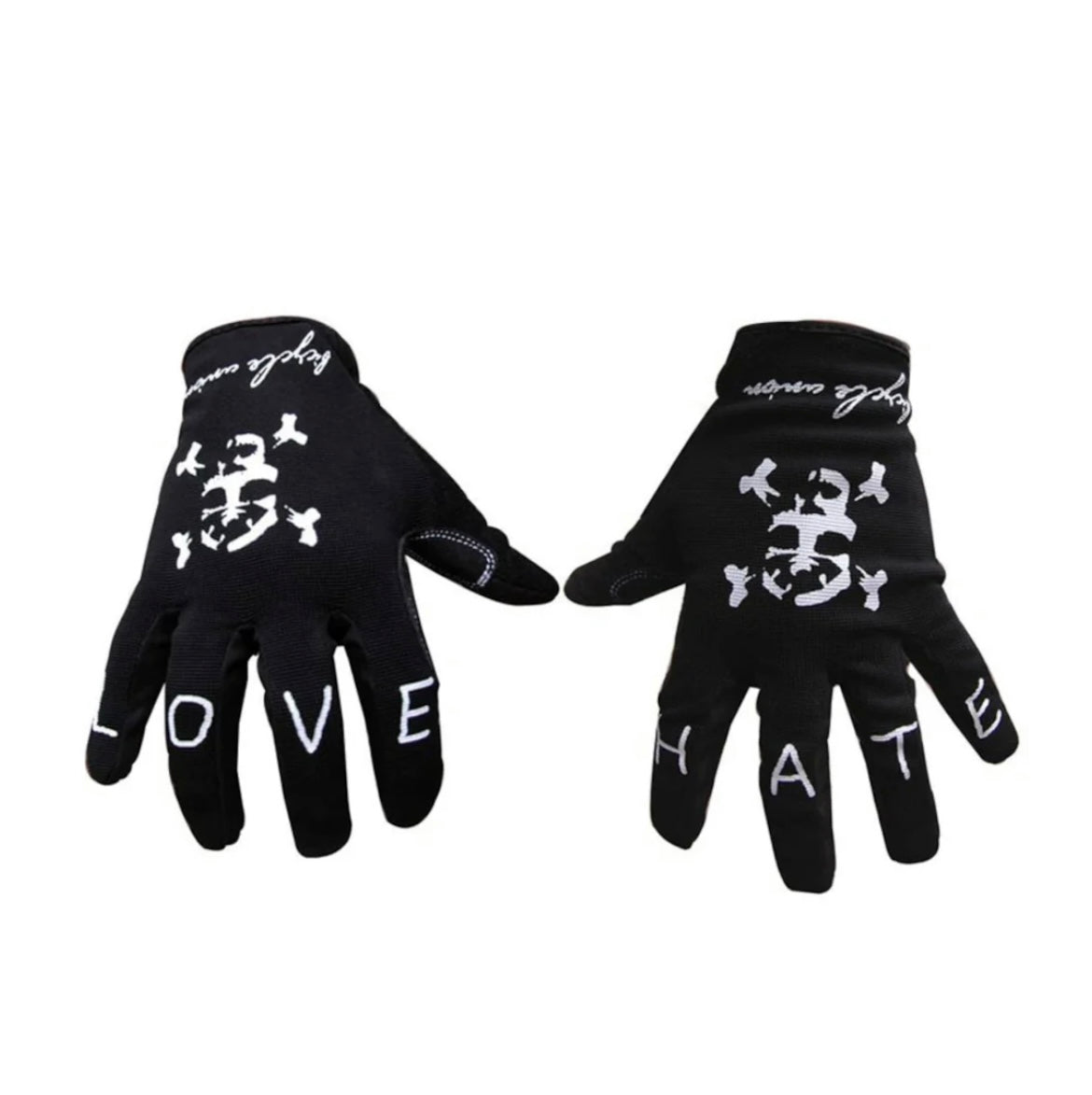 Bicycle Union BMX Gloves Black Love & Hate across the knuckles of the hands… these gloves are rad