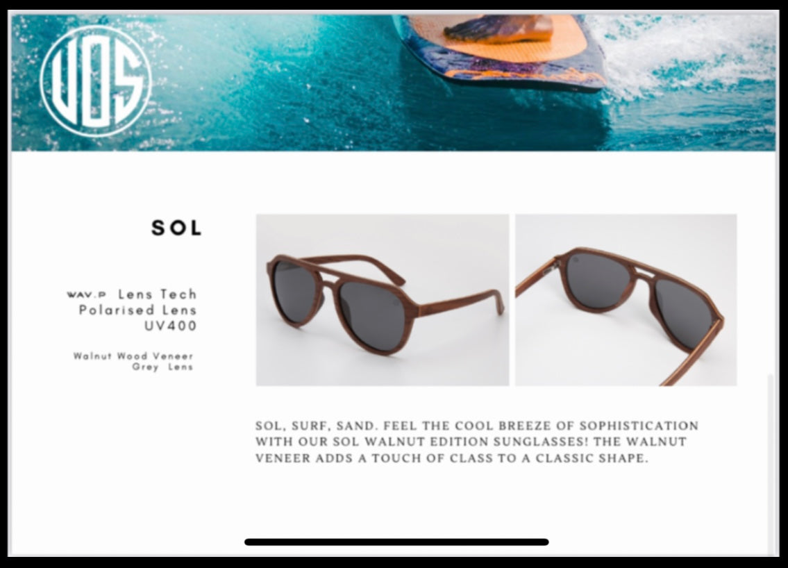 Union of Surf Sunglasses, Sol, polarised lens UV400, walnut wood with grey lens.