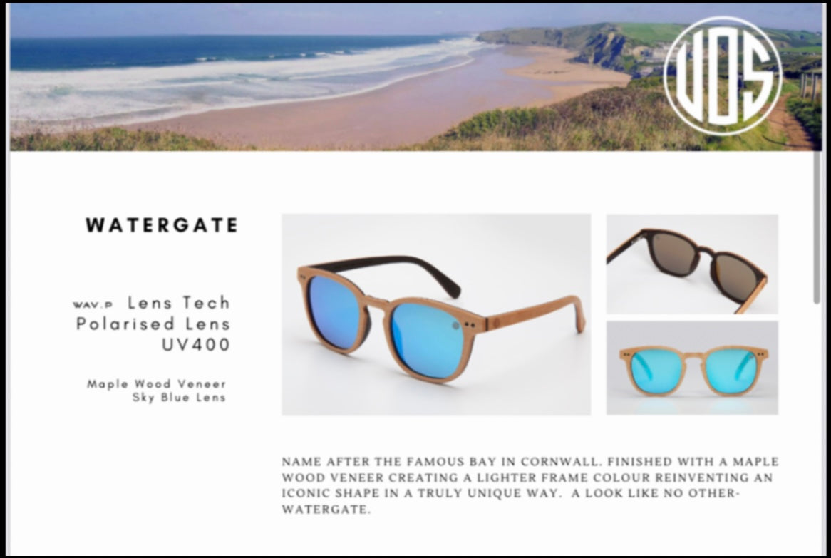 Union of Surf Watergate sunglasses, polarised lens UV400, maple wood veneer with blue lens, watergate bay Cornwall.