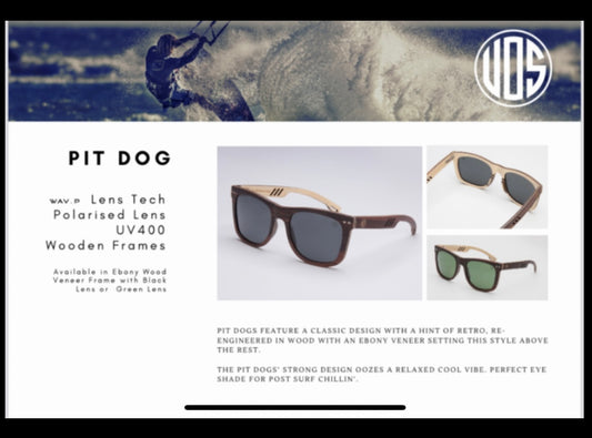 Union of Surf Pit Dog sunglasses, polarised lens UV400, wooden frames.