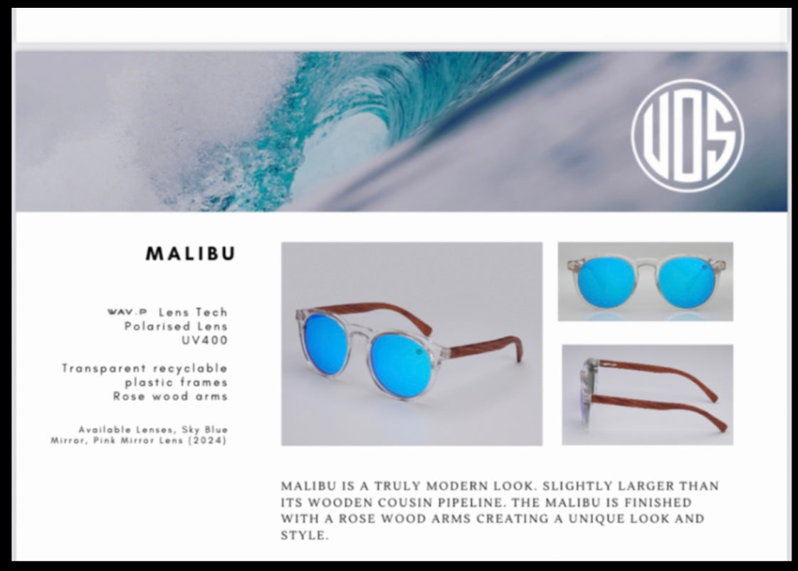 Union of Surf Malibu Sunglasses, polarised lens UV400, transparent frame is 100% recyclable and the arms are rose wood.