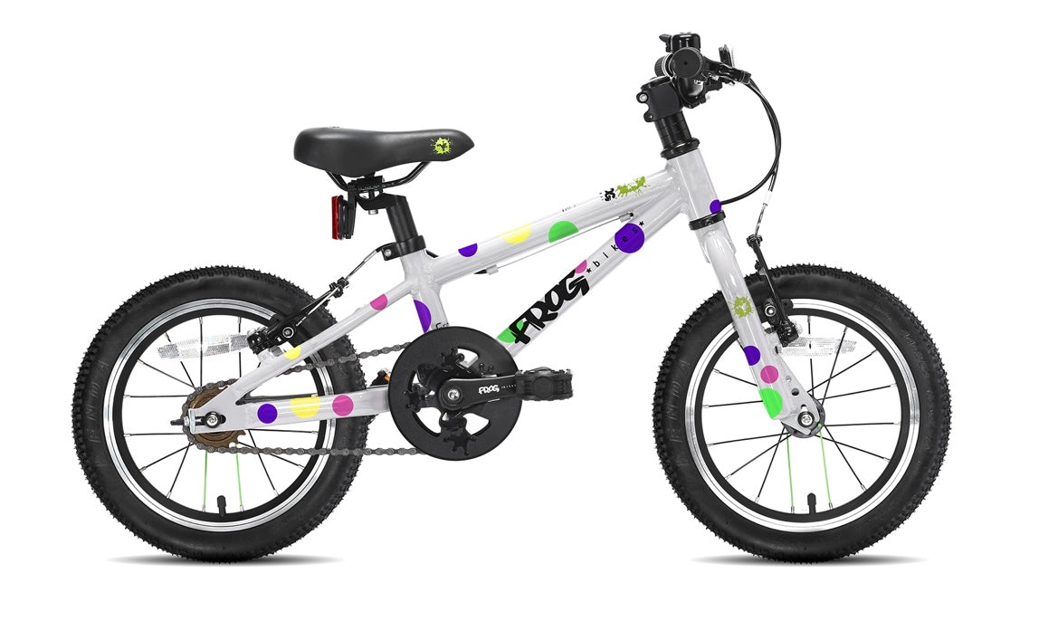 Brand New Frog Bike For Sale, Frog Bike 40, available in White/Spotty, Pink, Orange, Red, Green and Blue. 14” wheels, single speed, V brakes, padded seat, first pedal bike, nationwide delivery is available.