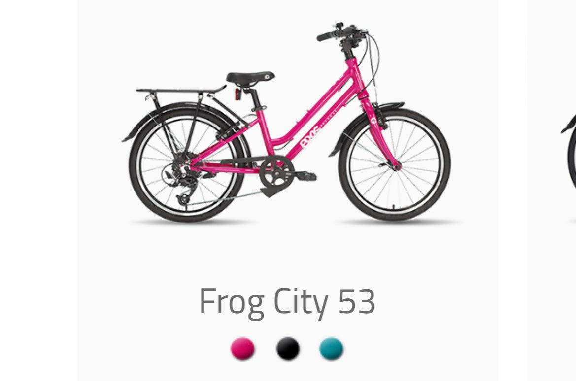 Brand New Frog 53 City Bike For Sale. Available in pink, black and Teal, 20” wheels, 8 speed, V brakes, very lightweight aluminium frame, nationwide delivery is available.