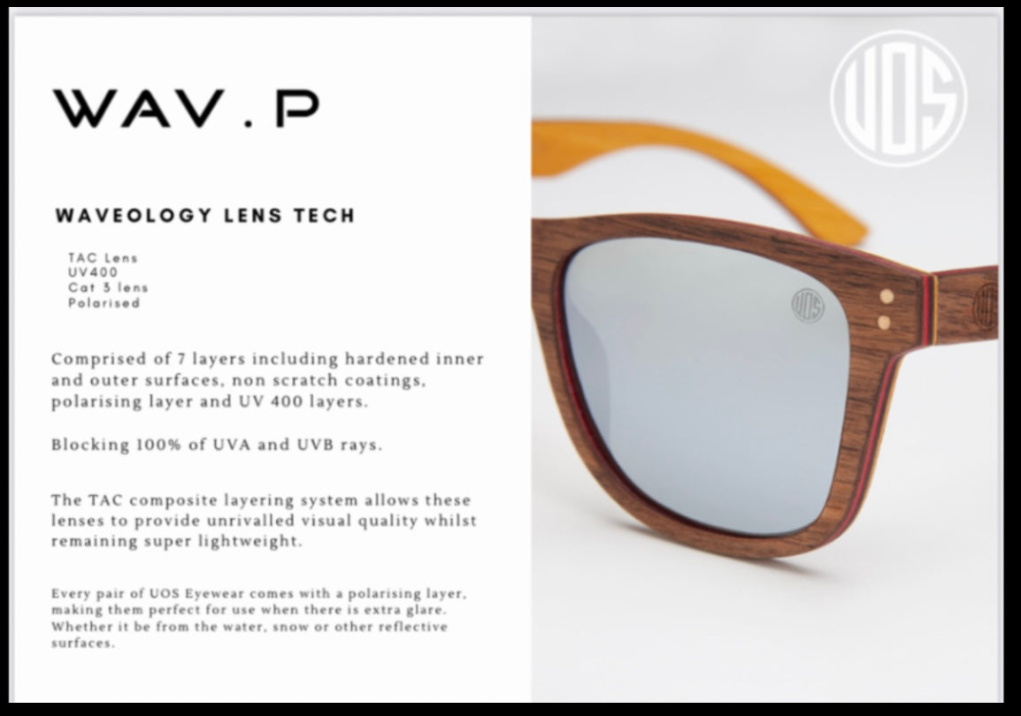 Union of Surf Malibu Sunglasses, polarised lens UV400, transparent frame is 100% recyclable and the arms are rose wood.