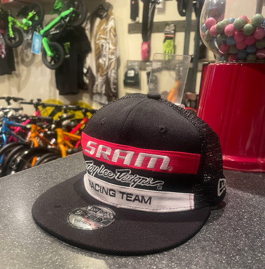 Troy Lee Designs SRAM New Era mesh trucker hat, snap back, black and black / grey.