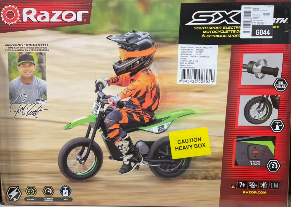 Razor SX 125 Jeremy McGrath 12v electric dirt bike for age 7 years and up, nationwide delivery is available.