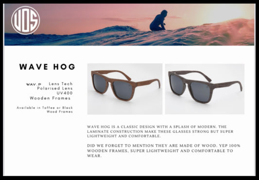 Union of Surf Wave Hog sunglasses, polarised lens, UV400, Wooden Frames.