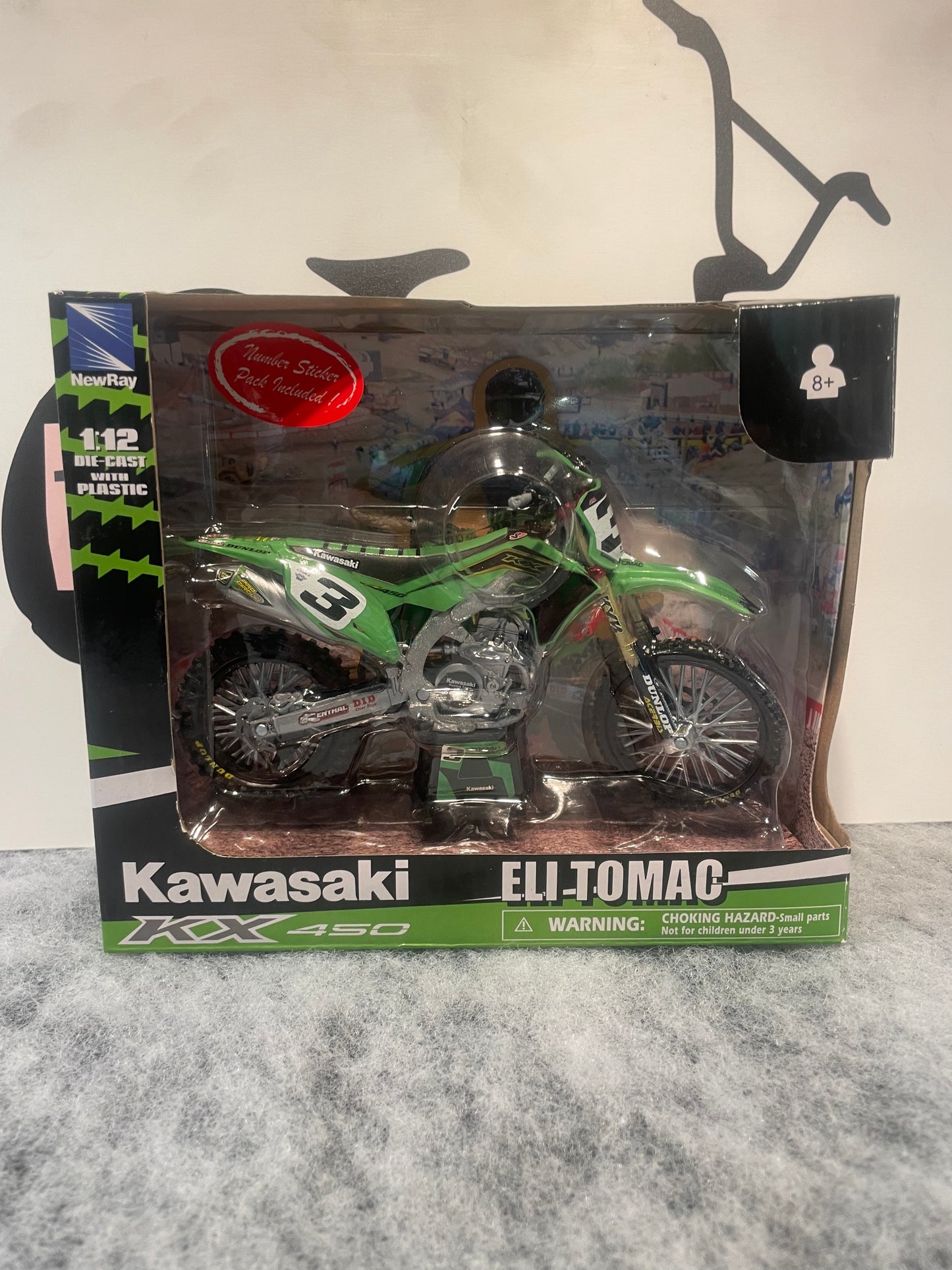 Kawasaki KX450 model / toy, Eli Tomac, Monster Energy, New Ray.