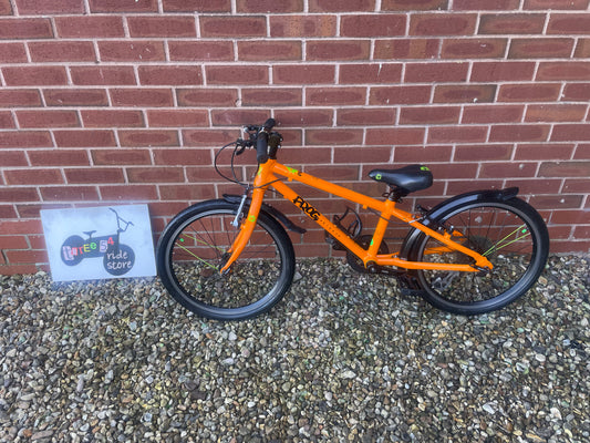 A Pre Loved Frog Bike For Sale, Orange Frog 52 Hybrid, 20” wheels, 8 speed, V brakes, mudguards, bottle cage, very lightweight, nationwide delivery is available.