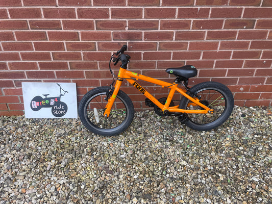 A Pre Loved Frog Bike For Sale, Orange Frog 48 First Pedal Bike, 16” wheels, V brakes, padded seat, very lightweight, nationwide delivery is available.
