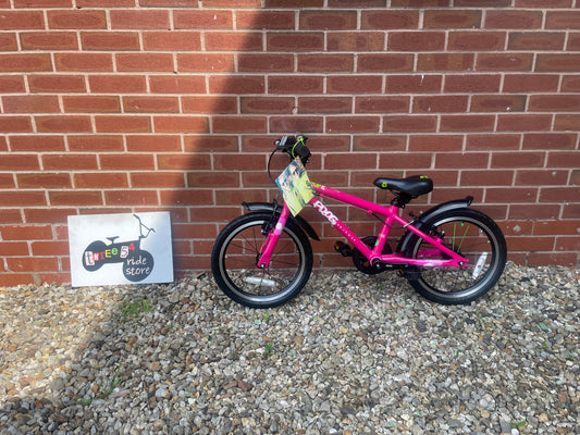 A Pre Loved Frog Bike For Sale, Pink Frog 48 First Pedal Bike, 16” wheels, V brakes, padded seat, very lightweight, 3 month warranty, nationwide delivery.