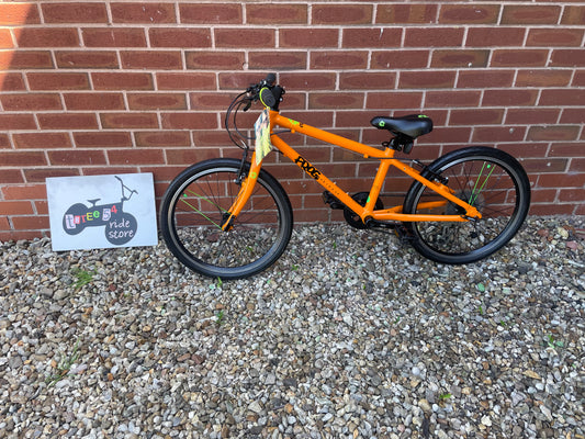 A Pre Loved Frog Bike For Sale, Orange Frog 55 20” wheel Hybrid Bike, V brakes, 8 speed, very lightweight, 3 month warranty, nationwide delivery is available.